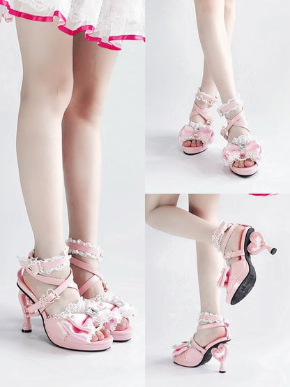 Top bei Hime High Heels Gyaru Schuhe Rosa Magische Schleife Herzförmige Mädchen Sandalen