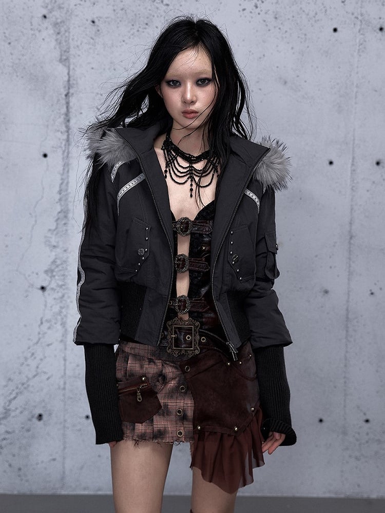 with Punk Grey Jacket Wasteland Dark Accents Design Studded Hoodie Pocket