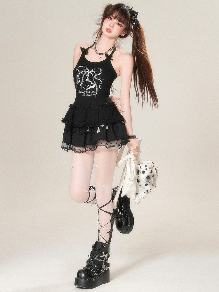 Puppy Glamorous Halter Bittersweet Black Letter Bowknot And Print