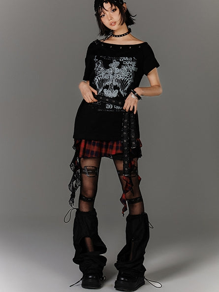 Y2K Black Cross Print Glamorous Belt with Waist T-Shirt