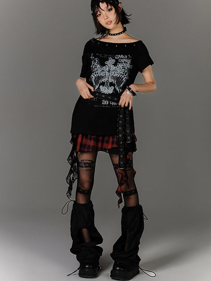Y2K Black Cross Print Glamorous Belt with Waist T-Shirt