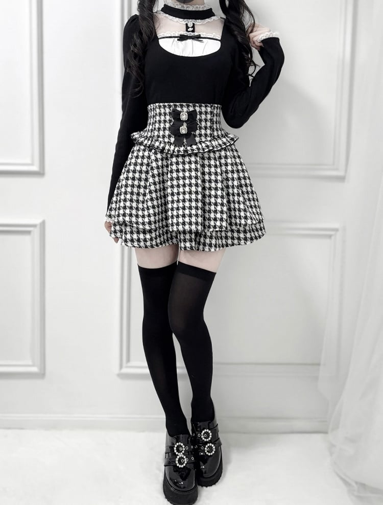 Sheer Sleeve Jirai Cutout at Kei Lace Long Mesh Panel Chest Collar Stand with Black Top: Knit