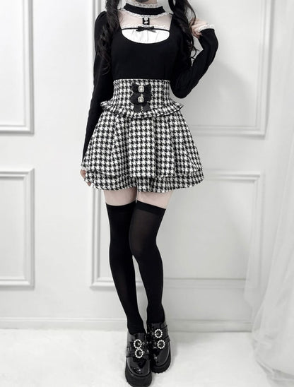 Double Sweet with Bows Houndstooth Kei Jirai Edgy Layers Black Detachable Skirt: Tweed