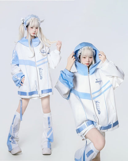 Style Techwear - Embroidery Futuristic Hooded in Bar Jacket White Landmine Colorblock with Loading Blue Kaiwai Tenshi
