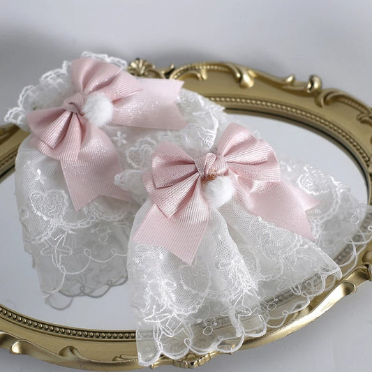 Lace Bow Wrist (Set) Cuffs Blush Pom-Pom Fluffy