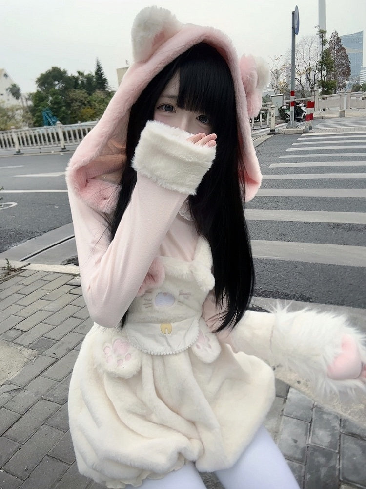 Detachable Hood White Ear with Decor Kitty Hoodie Overall Bubble Plush Shorts