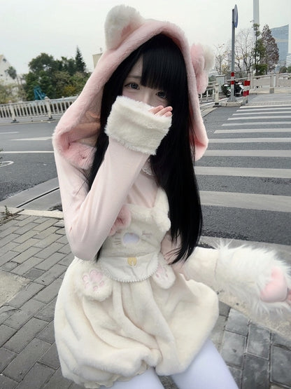 Detachable Hood White Ear with Decor Kitty Hoodie Overall Bubble Plush Shorts
