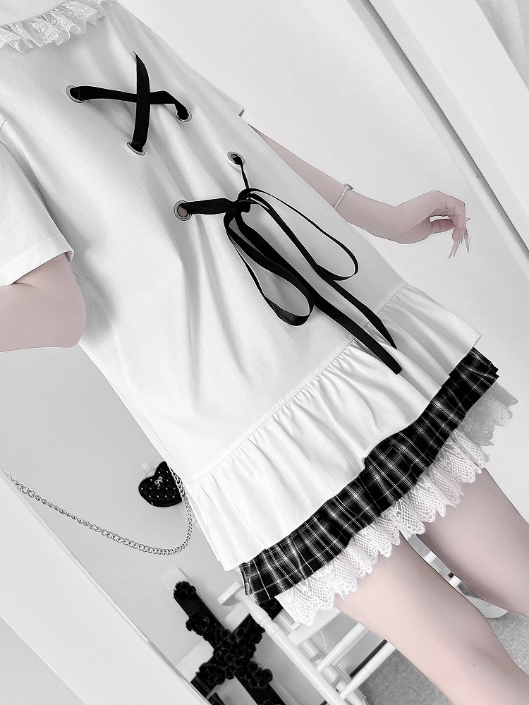 Anime Girl Print Peter Pan Collar Lace-up Details Dress Bittersweet White