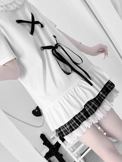 Anime Girl Print Peter Pan Collar Lace-up Details Dress Bittersweet White