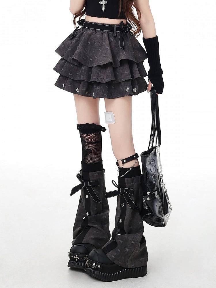 with Leg Details Tiered Skirt Warmers Flared Free Gray Bowknot Dark