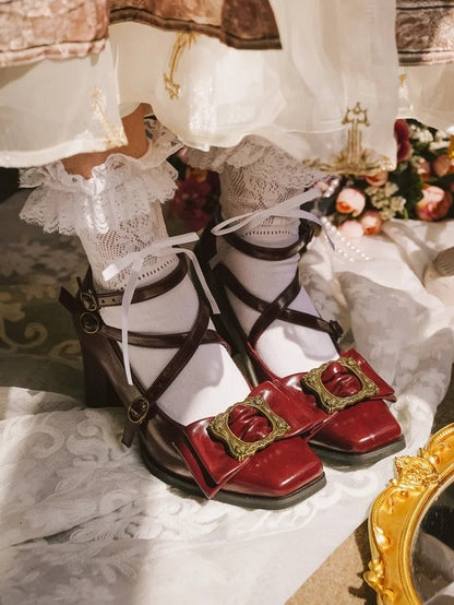 Crisscross Mid-heel Square Shoes Fashion Wine Design - Red 1990s Toe Vintage