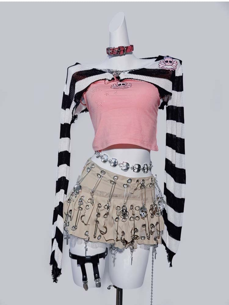 Punk Khaki Asymmetrischer Saum Pin Skelett Kreuzrock