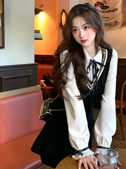 Black Fake Two Piece Polo Collar Dress with Bow - Qchiwawameme