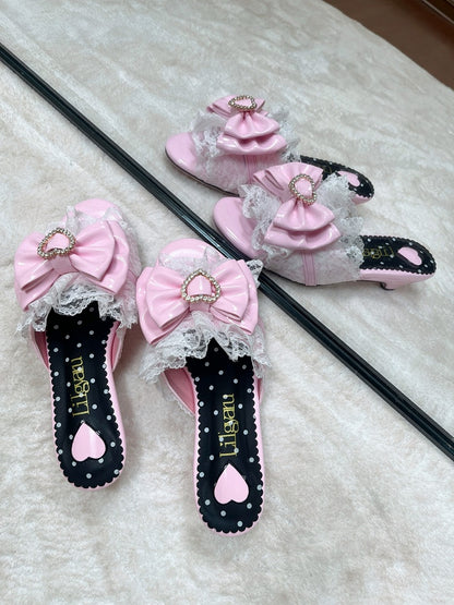 Bowknot & Lace Trim Sandals with Detachable Heart Buckle - LilGyaru