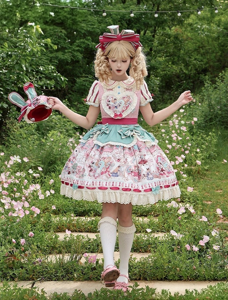 Pink & Green Alice Cat Vibes Heart-shaped Patch Sweet Lolita Dress with Apron Belt - Mewroco