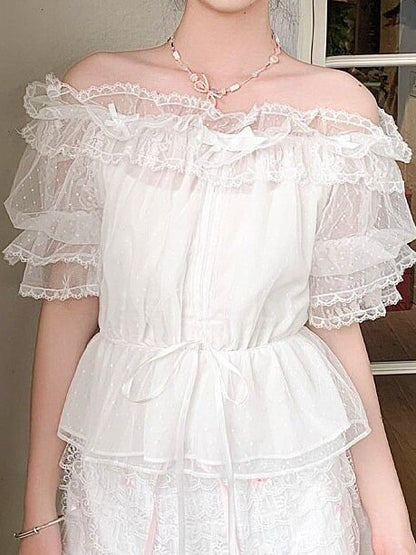 White Off-Shoulder Lolita Top with Puff Sleeves and Bow - Lan Jian Chuan