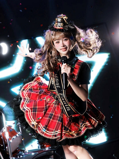 Red Idol Lolita Plaid JSK Dress with Golden Bear Embroidery and Black Scalloped Hem - LiLi Chain