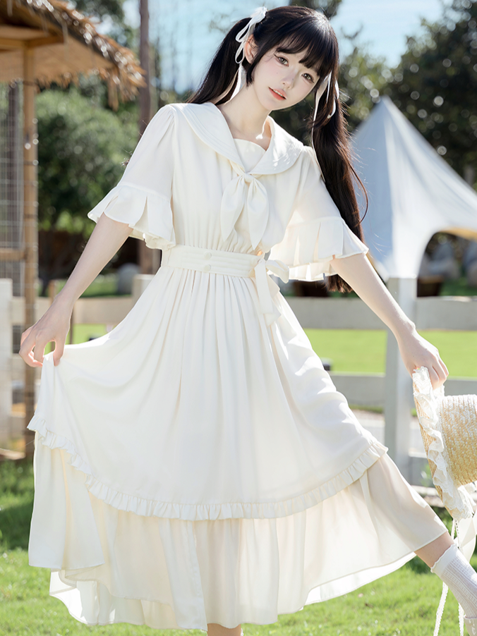 Trim White Ruffle Preppy Dress with Collar Sailor Midi