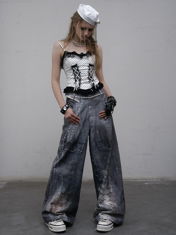 Print Spitzenjeans Schnitt Weites Bein Blau Kette Punk Wasteland Details