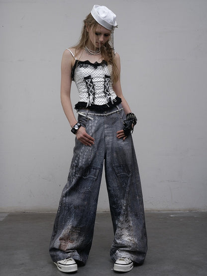Print Spitzenjeans Schnitt Weites Bein Blau Kette Punk Wasteland Details