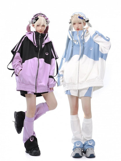 Jirai Black Front and Jacket Zip Purple Up Sleeves Kei Sweatershirt Long