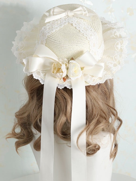 Sweet Design Hat Bowknot Lolita Straw 5 Color Options Lace Floral