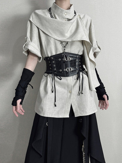 and Belt Short Collar Lace-up with Green Shirt Light Sleeve Mandarin Black Corset Design