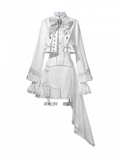 Silver & White Ouji Military Lolita Jacquard Cropped Coat + Cross Embroidery Asymmetric High Waist Shorts + Long Sleeves Shirt + Detachable Collar Set - Unknown Star