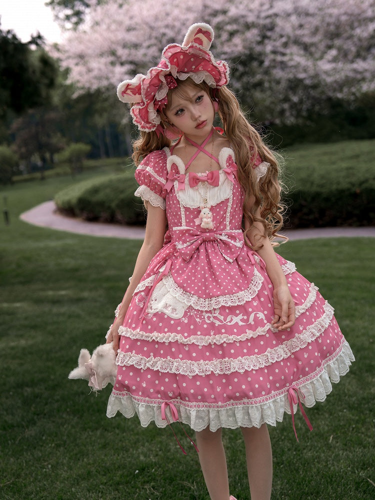 Ohren Quadrat Muster Kleid Bunny Polka Dots Lolita Ausschnitt Rosa Plüsch Süß Dunkel