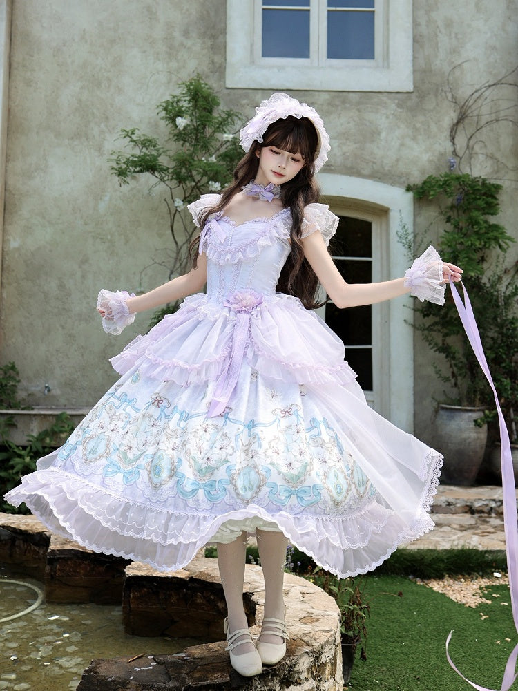 Purple Lily Print Lolita JSK Gown with Tulle Overlay and Back Bow Set - White Sugar Girl