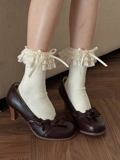 Ribbed Ruffled Socks Bow Cuffs Lace with