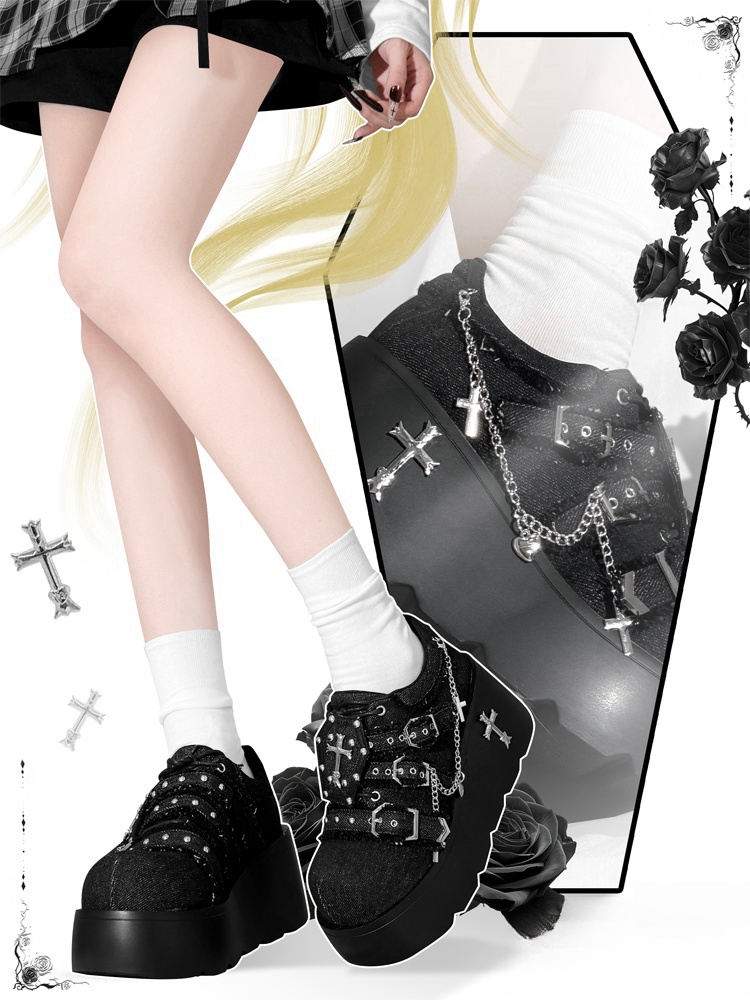 with Black Gothic Platform Chain Decoration Punk Heel Chunky Studded 7cm Sneakers Cross