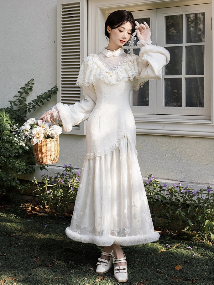 Cheongsam Embroidery Edward Camellia and Creamy Neck Dress Style Plush with Cuffs Mermaid Hem