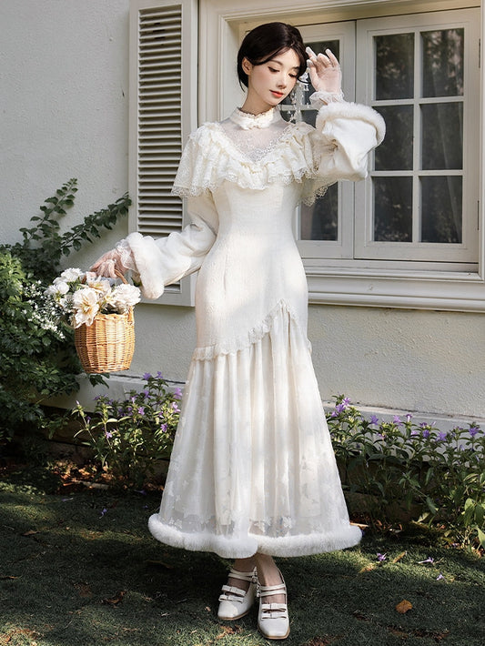 Cheongsam Embroidery Edward Camellia and Creamy Neck Dress Style Plush with Cuffs Mermaid Hem