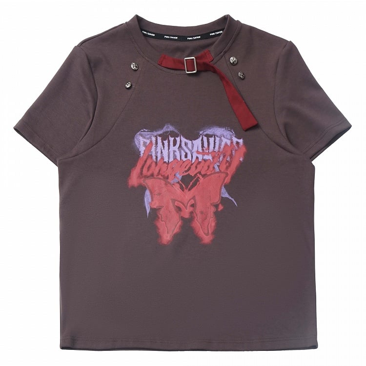 Buckle T-Shirt Red and Gray Round Neck Metal Butterfly Print Stud Details