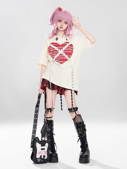 Red Apricot Top Straps With Skirt + Buckle Punk Print Pleated Metal Heart Black Plaid