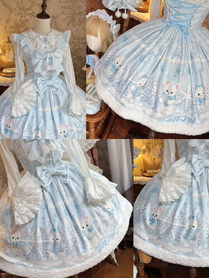 Snowflake Winter and Bear Blue Light Sweet Dress with Print Lolita