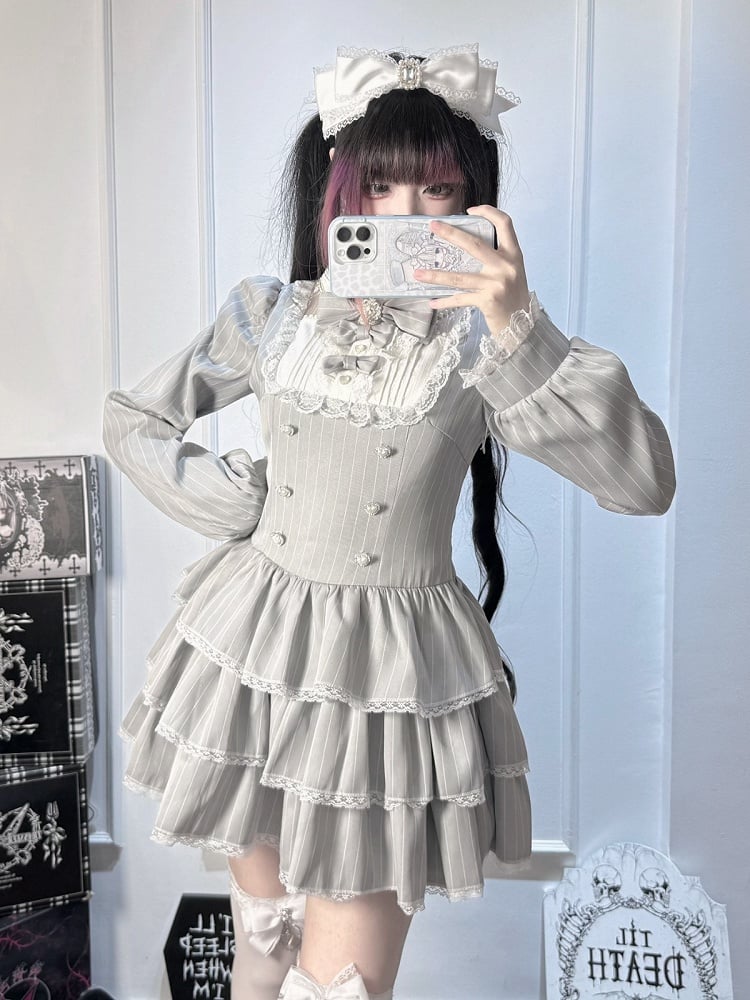 Gray Striped Ryousangata Two-Piece Set with Tiered Ruffle Dress, Bows, Lace & Bloomers - Virtual Paradise