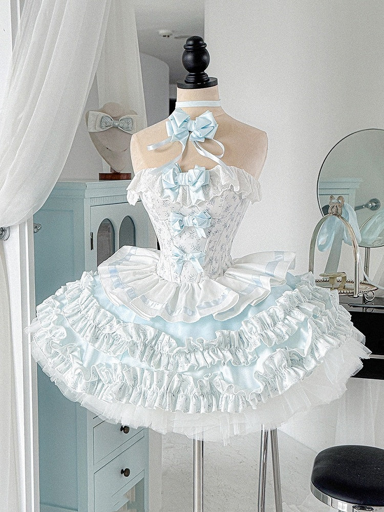 Cropped Details Bodice Floral Strapless Top + Tiered Skirt + Ful Blue Bowknot on Set Top