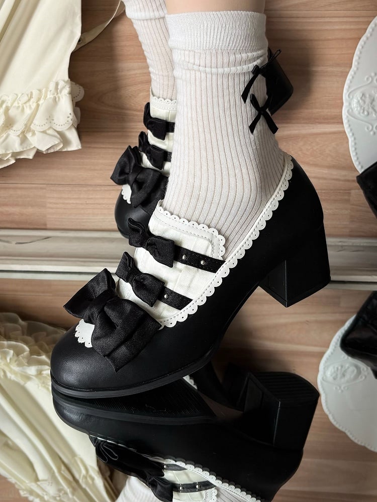 Bow Mid-heel Elegant Shoes Slip-on Lolita Scalloped Hem Accents White Black