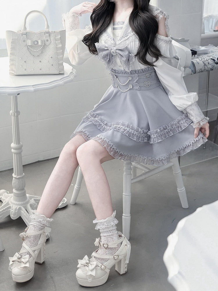 Sailor Collar Blouse with Bow Tie in Blue - Ekomi