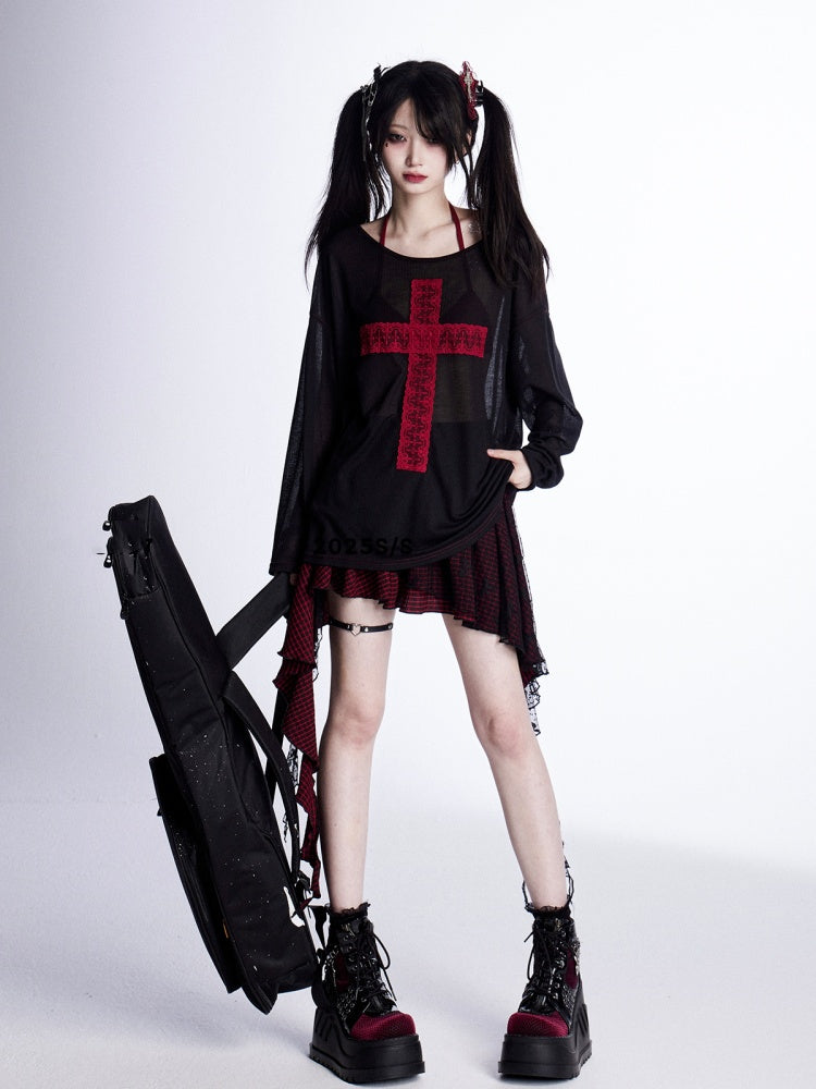 with Lace Cross  Red Asymmetrical Neckline Black Sun Protection Coverup