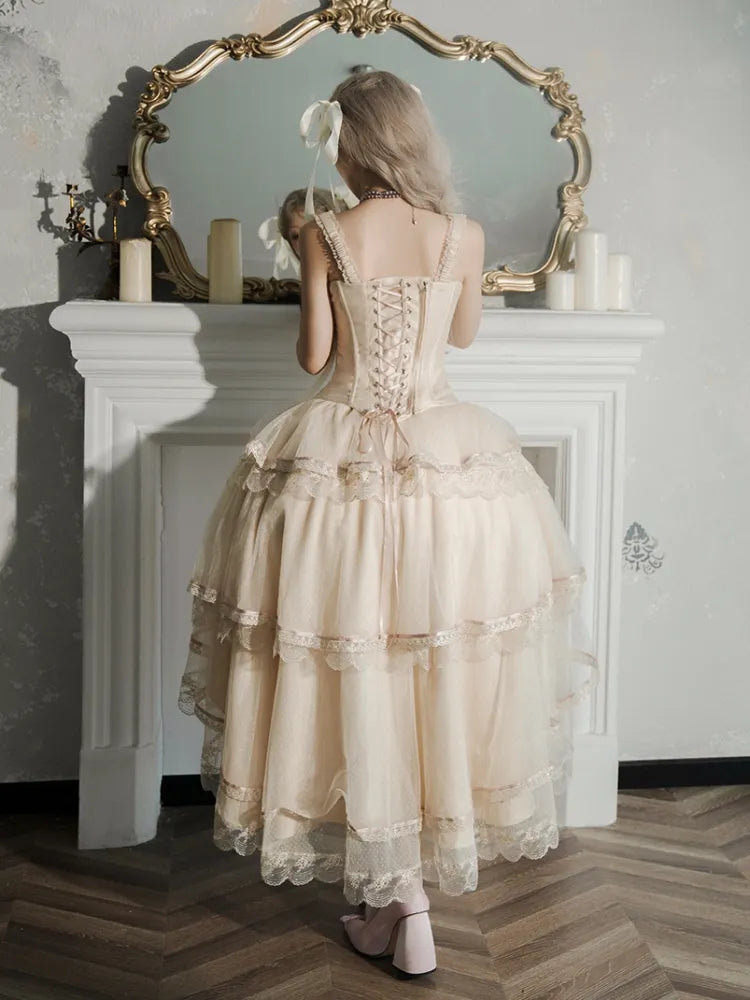 シャンパンレースアップディテールボーンコルセットトップ+ハイローレイヤードロリータスカートBE002