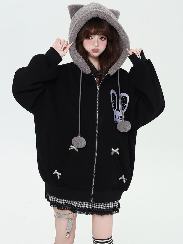 Schwarz/Rosa Kapuzenjacke mit Hasen-Katzenohren-Design