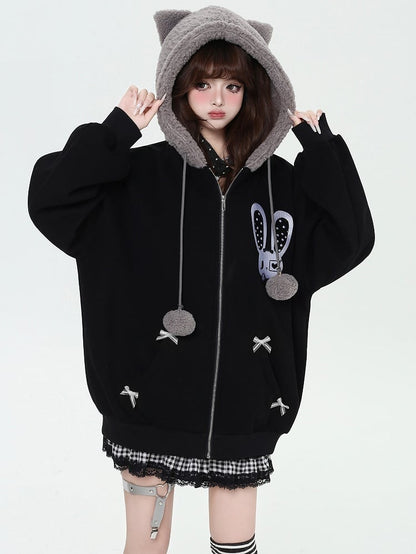 Schwarz/Rosa Kapuzenjacke mit Hasen-Katzenohren-Design