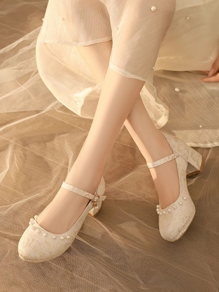 Beige Heels Muster Lolita Floral Block Mid Details Perlen Qi Satin -