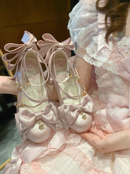 Pink Crown Buckle 8.5cm High Heels with Bowknot and Crystal Accents - Aimee