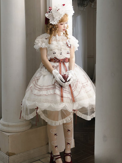 Bowknots Scalloped Red White Edge and Dress Cherry Lolita Embroidered with Overlay Trim Hime