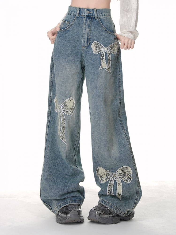 High Street Jeans mit weitem Bein und Spitzenschleife in Blau