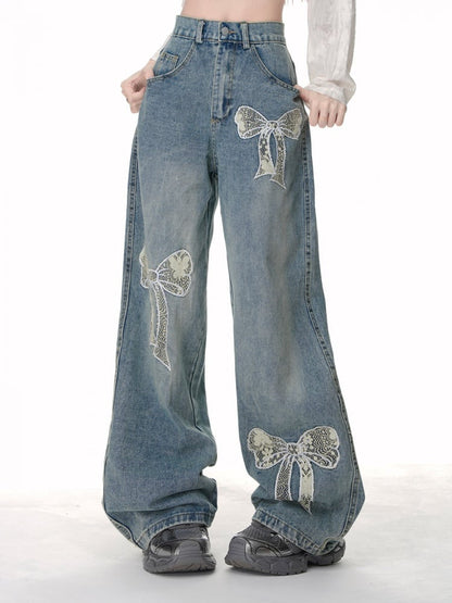 High Street Jeans mit weitem Bein und Spitzenschleife in Blau